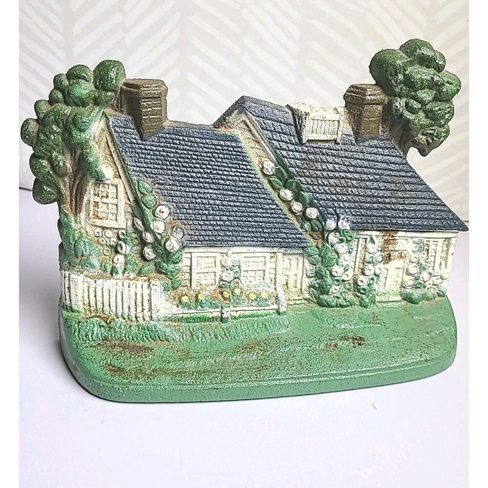 Vintage Hubley Cast Iron Doorstop White Cape Cod/ Cottage Roses Flowers Trees